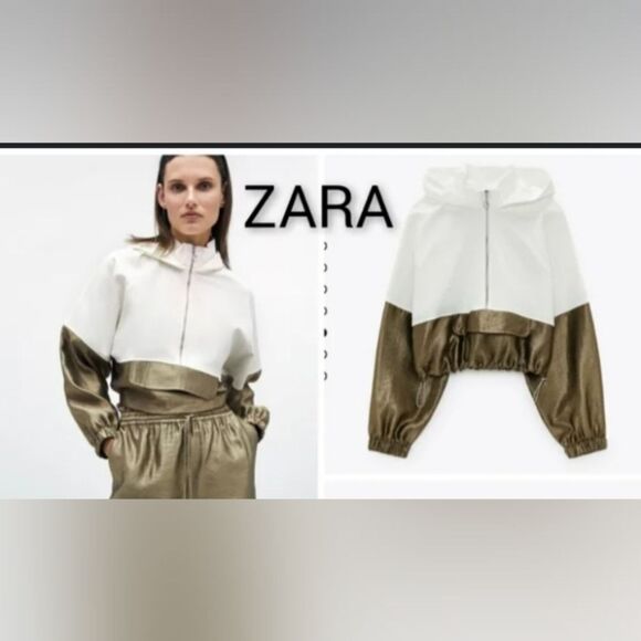 Zara NWT Croped Hooded Jacket Drawcord Waist Shinny Effect Sz S - Picture 1 of 8